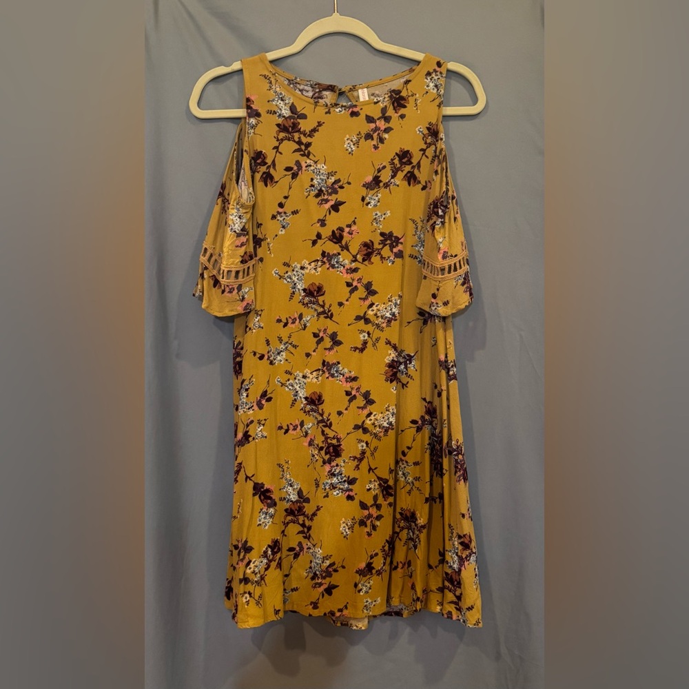 Xhilaration Mustard Floral Cold Shoulder Sleeve Dress